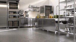 New, clean resin vinyl floor of commercial, professional bakery Epoxy floor in commercial kitchen | All American Flooring